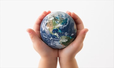 Child's hands holding a miniature Earth globe AI generated