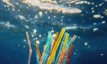 Discarded plastic straws floating in ocean currents AI generated