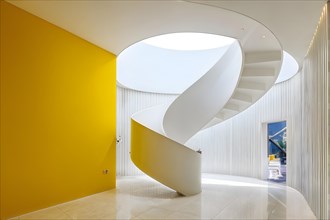 AI generated minimalist architectural shot of yellow and white walls intersecting around a modern