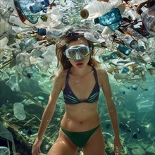 Woman dives under water, surrounded by plastic waste, looking up to the surface, AI generated