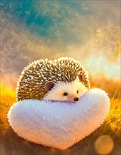 Adorable hedgehog cuddles up on a heart-shaped pillow against a backdrop of warm, golden sunset