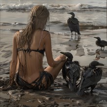 View of a woman and Birds on the beach at sunset, symbolic scene of reflection, AI generated
