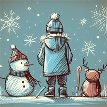 Child in winter gear observing a snowman and reindeer as snowflakes fall, AI generated