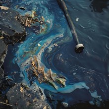 Oily streaks on water surrounded by rubbish indicate an environmental problem, pollution,