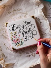 Handcrafted calligraphy piece with the motivational quote 'Every day is a fresh start' and floral