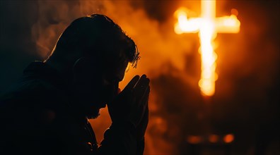 Devout faithful christian prays in front of the cross that is burning, AI generated