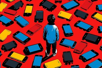 Illustration of a boy standing amid scattered smartphones on a red background, 3D, illustration, AI