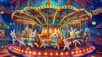 A magical carousel with rabbit figures under vibrant nocturnal lighting, AI generated