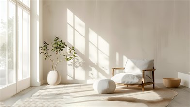 Bright and tranquil space with minimalistic decor, a pot plant, cushion, and sunlight pouring in,
