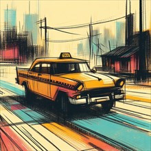 Stylized illustration of a taxi in a vibrant urban setting with sketchy lines, AI generated