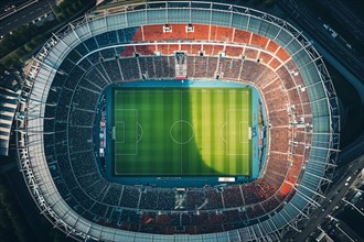 Aerial bird eye top down view of a soccer football field stadium, AI generated