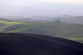 Shadows and light play over the rolling hills of Tuscany at dusk, Italy, Tuscany, Podere Belvedere,
