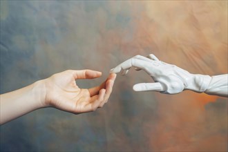 Human hand and white robotic hand reaching towards each other. KI generiert, generiert, AI