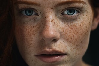 Woman's face with many freckles. KI generiert, generiert, AI generated