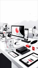A high-tech array of gadgets in a minimalistic grayscale office with vibrant red accents,