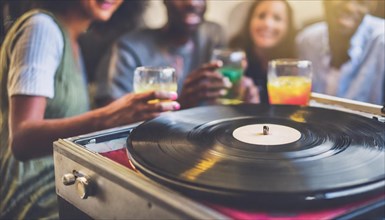 A turntable with a vinyl record at a social gathering, with people and drinks in a warm, blurred