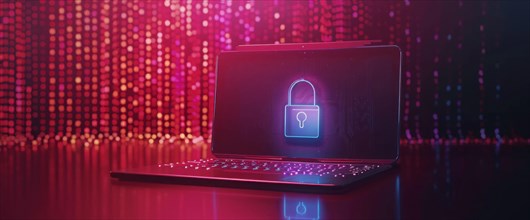 A laptop with a padlock on the screen, concept of cyber security, computer security and protection,