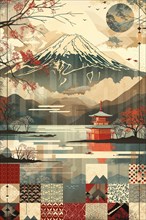 Traditional Japanese depiction of Mount Fuji with temple and cherry blossoms, Japan, AI generated,