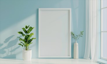 A blank image frame mockup on a soft sky blue wall AI generated