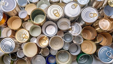 Symbol photo, waste, a large quantity of empty open tinplate cans on a heap, AI generated, AI