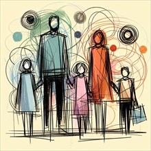 Colorful abstract drawing of a family together on an urban outing with shopping bags, AI generated