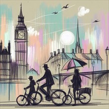Stylized depiction of a family cycling in London with Big Ben in the background at sunset, AI