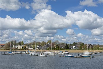 Clouds, houses, marina, Lindaunis, Schlei, Schleswig-Holstein, Germany, Europe