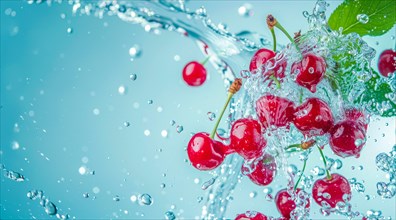 Fresh cherries floating in water. A concept of vegetarian lifestyle and vegetarian diet, AI