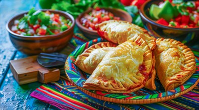 Tasty empanadas on a plate with colorful Mexican cloths as a background. National mexican food, AI