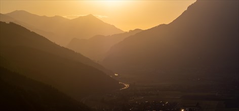 Evening light at sunset over the Liesingtal, in the evening light the village of Traboch,