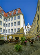 Historic building complex Barthels Hof with the Renaissance oriel of the house Zur goldenen Snake,