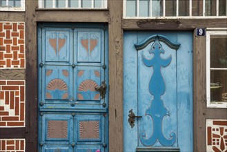 Half-timbered house and old wooden door in the old town centre, Buxtehude, Altes Land, Lower