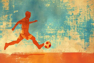 A soccer player dribbles and kicks a soccer ball. Abstract vintage grungy poster style with muted