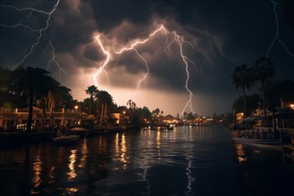 A stormy night with a bright lightning bolt in the sky. The scene is set on a river with boats