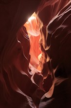 Dramatic lighting of a rock formation, centred light creates soft shadows, Upper Antelope Canyon,