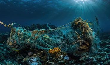 Abandoned fishing nets entangled on a coral reef, underwater background AI generated