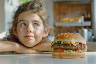Hamburger on table with girl child in background. KI generiert, generiert, AI generated