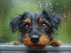 Bad weather, dog and cat looking sadly outside through a rainy window pane, AI generated