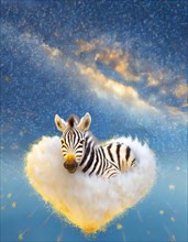 Creative interpretation of a zebra lounging on a soft cloud against a sparkling starry backdrop, AI