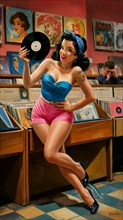 Retro-style pin-up illustration of a woman holding a music record, AI generated