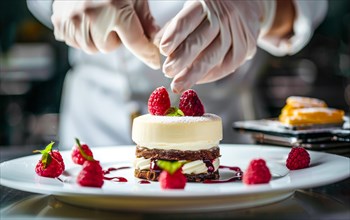 Chef is decorating a dessert with berries and other delicious additions of sweets and whipped