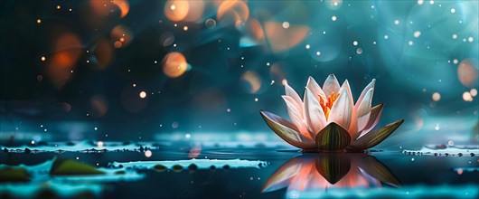 Lotus flower is floating on water. Concept of meditation, serenity, spirituality and enlightenment,