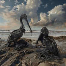 Two Birds trapped in oil appear to interact with each other on the polluted beach, AI generates, AI