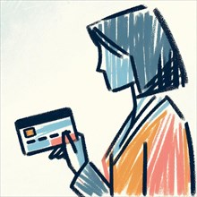 Abstract illustration of a woman holding a credit card, AI generated