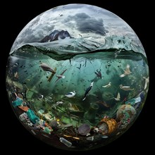 Plastic pollution in the ocean, depicted in a sphere under water, environmental pollution,