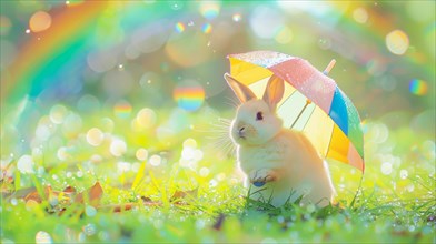 A serene rabbit basking in radiant sunbeams under a multicolored umbrella, AI generated