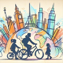 Sketch of a family cycling in front of stylized world landmarks, AI generated