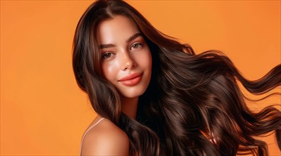 A brunette woman model with long hair is standing in front of a orange background, AI generated