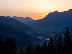 Sunset over the Liesingtal, in the valley the village Kraubath, Schoberpass federal road, view from