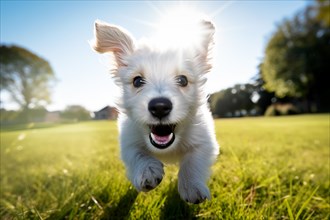 Playful white puppy with fluffy fur is captured mid-run, running playing enjoying a sunny day